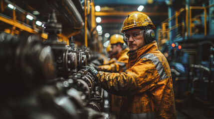 Worker uniform industrial plant, makes survey, checking equipment against background