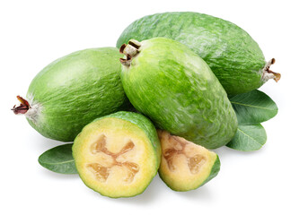 Feijoa fruits with leaf and slice of feijoa isolated on white background.