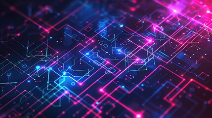 Abstract futuristic digital technology background with glowing neon circuits and connections in vibrant colors.