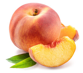 Ripe peach with leaf and peach slices isolated on white background.