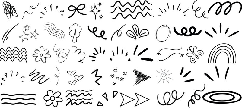 Kids line doodle scribble vector features scribble, stars, arrows, flowers, hearts, waves, spirals, rainbow, sun. Perfect for design, illustration, decoration, creativity, fun