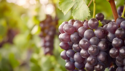 Fototapeta premium A vibrant close-up of a cluster of ripe purple grapes bathed in sunlight, hanging from a vine in a lush vineyard, capturing the essence of summertime harvest.