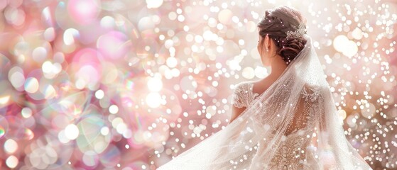 beautiful bride from behind in a wedding dress standing in front of a bright glitter background with a fairytale like atmosphere