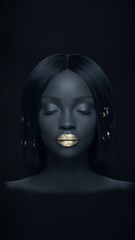 Portrait of a black woman. The background is made in a deep dark black color. Her lips and several strands of flawless straight hair are decorated with elegantly arranged golden leaves.