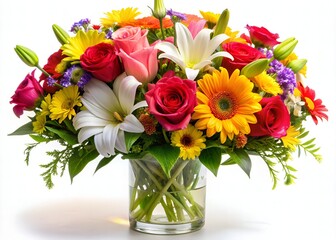 Fototapeta premium Vibrant colorful bouquet of fresh flowers including roses, daisies, and lilies, arranged in a elegant transparent glass vase, set against a soft white background.