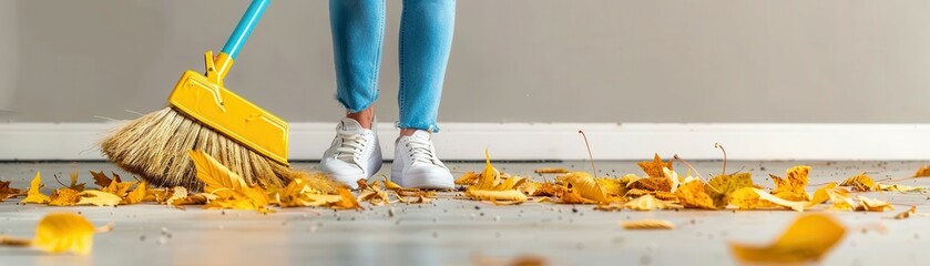 Person sweeping a concrete driveway, fallen leaves, clean and welcoming entrance