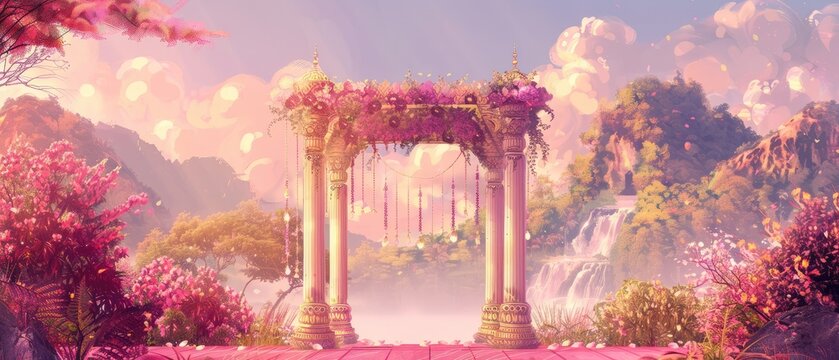 magnificent backdrop featuring an illustration of an indian wedding arch with intricate carvings and ornate decorations