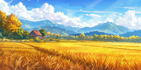 A captivating rural landscape featuring golden fields of wheat under a blue sky, with a charming red barn and distant mountains, depicting the serene beauty of farm life.