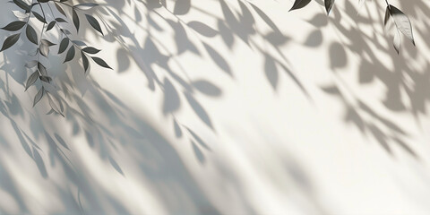 Obraz premium Light filters through leaves, creating delicate shadow patterns on a clean white wall. The image presents a balance between light and shadow, nature and simplicity.