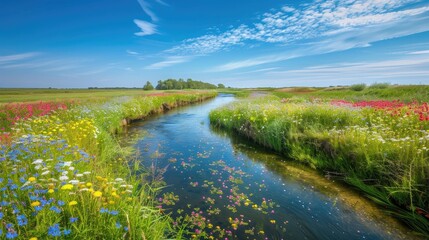 A gentle river winding through a field of blooming wildflowers, with the bright blue sky above.