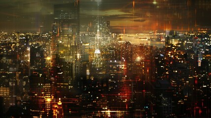 A cityscape piece with lights that flicker and transform representing the constant motion of a bustling metropolis.