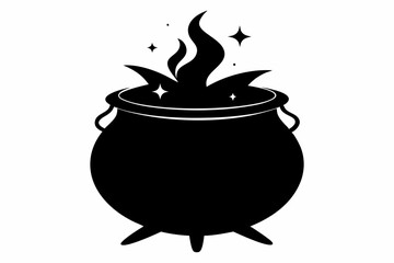 Witch cauldron silhouette vector, Witches black cauldron with boiling magic potion isolated on white background