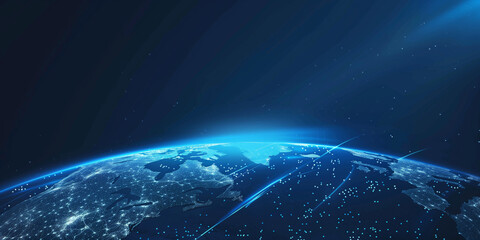 Obraz premium A stunning digital visualization of Earth adorned with blue glowing grids and rays of light, depicting the modern era of global technology and interconnectedness.