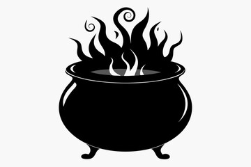 Witch cauldron silhouette vector, Witches black cauldron with boiling magic potion isolated on white background