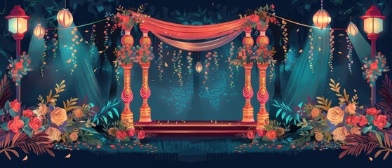 indian wedding mandap illustration with traditional theme featuring floral decor and arch in vibrant colors and intricate details
