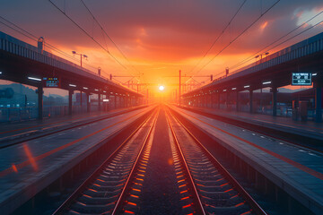 High speed train in motion on the railway station at sunset. Fast moving modern passenger train on railway platform. Railroad with motion blur effect. Commercial transportation. Front view.