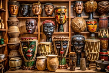 Vintage African drums, traditional woven baskets, and ornate wooden masks adorn a statelyshelf, honoring the rich cultural heritage of black excellence and ancestral pride.