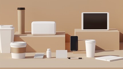 A white coffee cup with a brown paper sleeve sits on a light tan surface alongside other everyday items such as a smartphone, tablet, notebook, and pen