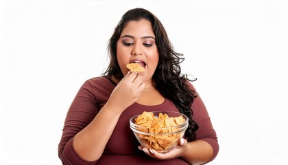 Overeating disorder, woman with obesity eating unhealthy junk food. Fight obesity and diabetes. Health issues, food