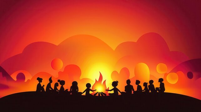 A community gathering around a campfire, sharing stories and laughter