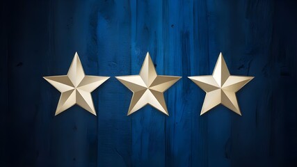 Naklejka premium Three star, growling review score, hope to be a bestseller, highest rating, target achievement, blue wooden background.