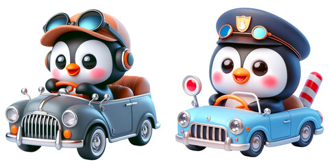 Set of cute penguin wearing helmet hat driving car isolated on white background