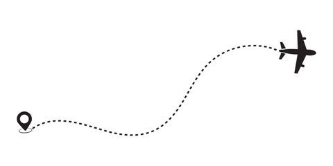 Airplane path in a dotted line shape, Aircraft tracking. Airplane line routes set. air plane flight route with start point and dash line trace. travel, map pins, location pins. Black vector.