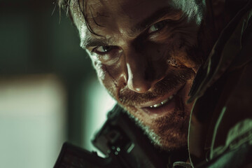 Obraz premium American handsome man smiling, assassin, cunning