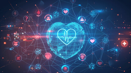 A network of connected icons form a globe around a heart rhythm. This digital illustration shows how technology, communication, and globalization affect medical care.