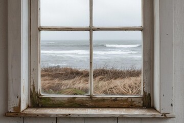 A weathered window frame offers a view of a stormy sea, with waves crashing on the shore.  The scene evokes a sense of isolation and peace.