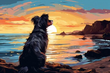 Dog sitting obediently flat design side view beach sunset water color Splitcomplementary color scheme