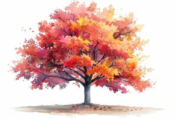 Fototapeta premium The watercolor painting of a tree with red leaves in autumn.