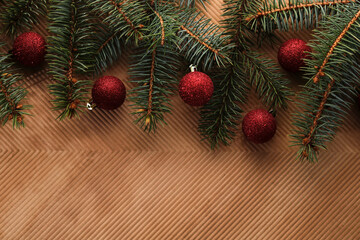 Abstract Christmas and New Year's background with Christmas tree and red Christmas balls.