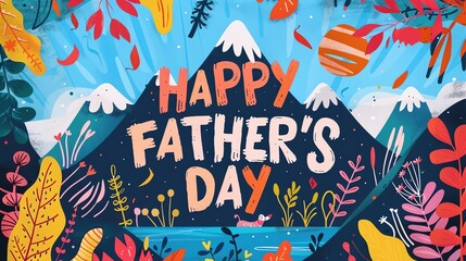 Playful and Colorful Illustration of Happy Father's Day with Mountains and Foliage