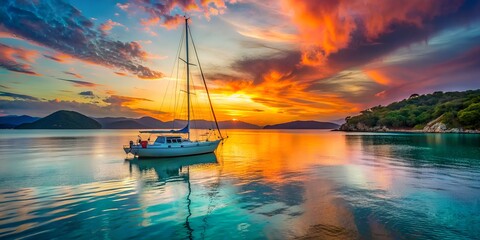 Serene sailboat gently sways at anchor in calm turquoise waters, surrounded by vibrant hues of orange and pink as the sun sets behind distant hills.