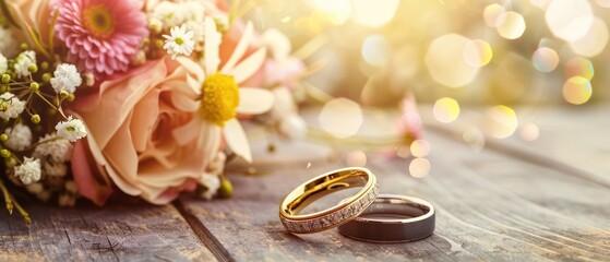 Two wedding rings with bouquet of flowers on table, blurred background