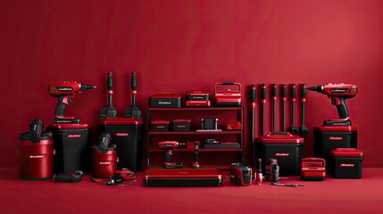 A variety of power tools and accessories, including cordless drills, screwdrivers, and storage cases, are displayed on a red background