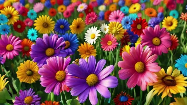 3d Animation cartoon happy spring flowers smiling. Animated background colorful spring flowers. Colorful summer garden with sunlight shining, 4K Ultra HD animation video