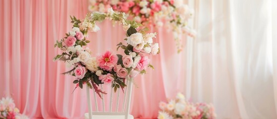 Obraz premium indoor white background featuring a wedding pink backdrop with chair aesthetic flower wreath pastel color decoration ideal for wedding design and decor
