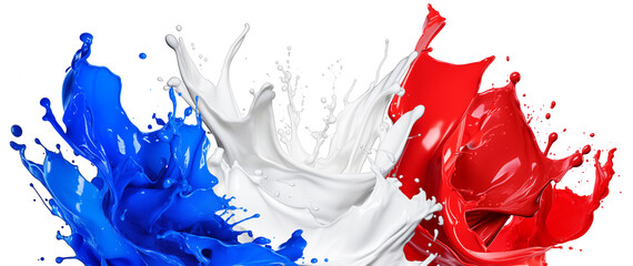 colorful french paint splash flag  blue red whitwe color liquid explosion isolated white background. france tricolore europe celebration soccer travel tourism concept.