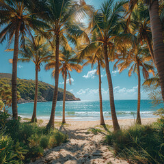 Naklejka premium Tropical island with tall coconut trees, turquoise water and white sandy beach. Bright daylight