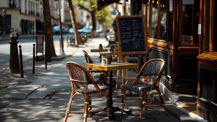 A cafe in Paris sits empty on a sunny day. The cafe has a few tables set up outside, but no one is sitting at them. A car drives down the street in the background