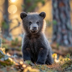 Fototapeta premium A cuddly brown bear cub sits on the forest floor bathed in morning light, surrounded by foliage, exuding both cuteness and curiosity in a pristine natural setting.