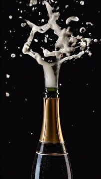 A champagne bottle is being opened, with the cork flying out and a large cloud of white bubbles erupting from the bottle's neck. The bubbles are dispersed against a black background