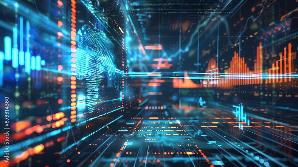 Poster futuristic digital data matrix with vibrant colors representing advanced technology, virtual reality
