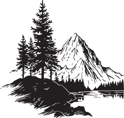Fototapeta premium Mountain Forest Tree Landscape Silhouette on white background