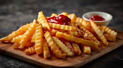 Crispy crinkle-cut french fries with ketchup, served on a wooden platter. A delicious and classic snack option enjoyed by many.