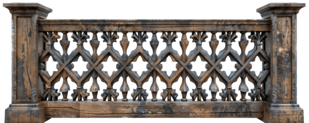 Realistic of a decorative wooden fence with intricate lattice designs and natural wood tones