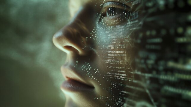 Futuristic Vision of AI: Abstract art of a young human face blending with digital codes or numbers, highlighting artificial intelligence technology, and computer-generated virtual reality, cyber space