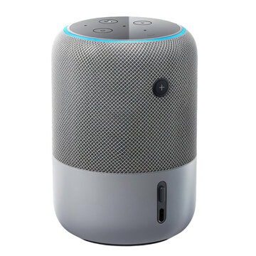 Modern grey and white smart speaker with a mesh design and control buttons on top